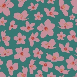 hand drawn pink cherry blossom seamless pattern on green background retro style