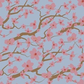 hand drawn pink cherry blossom seamless pattern on light blue background.