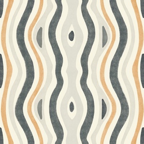 Abstract Moroccan wavy lines in navy blue, light gray and orange with hand drawn texture