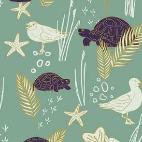 Lilac Turtles, cream colored Seagulls with white and golden Beach Plants and Shells | Big  Version | hand drawn Pattern of Beach Wildlife on Mint Background