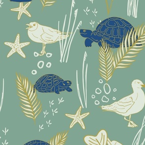Blue Turtles, cream colored Seagulls with white and golden Beach Plants and Shells | Big Version | hand drawn Pattern of Beach Wildlife on Mint Background