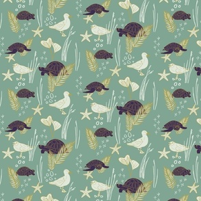 Lilac Turtles, cream colored Seagulls with white and golden Beach Plants and Shells | Small Version | hand drawn Pattern of Beach Wildlife on Mint Background