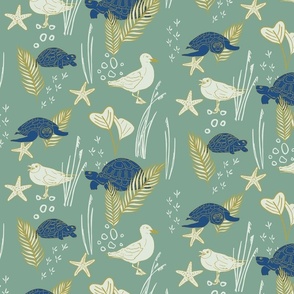 Blue Turtles, cream colored Seagulls with white and golden Beach Plants and Shells | Medium Version | hand drawn Pattern of Beach Wildlife on Mint Background