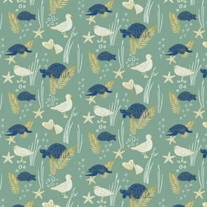Blue Turtles, cream colored Seagulls with white and golden Beach Plants and Shells | Small Version | hand drawn Pattern of Beach Wildlife on Mint Background