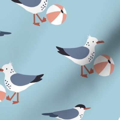 Seagulls and terns playing with beach balls - blue - medium scale