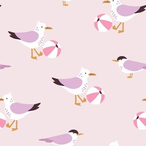 Seagulls and terns playing with beach balls - beige, purple and pink -medium scale