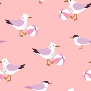 Seagulls and terns playing with beach balls - salmon and pink - medium scale