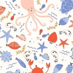 Under The Sea Creatures in  blue, coral, red and pink