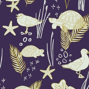 Cream colored Turtles and Seagulls with golden Beach Plants and Shells | Big Version | hand drawn Pattern of Beach Wildlife on Lilac