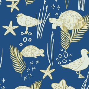 Cream colored Turtles and Seagulls with golden Beach Plants and Shells | Big Version | hand drawn Pattern of Beach Wildlife on Blue