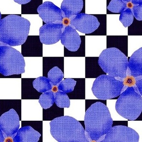 Big Deep Blue Forget-Me-Not Flowers on Aubergine and White Checkerboard 