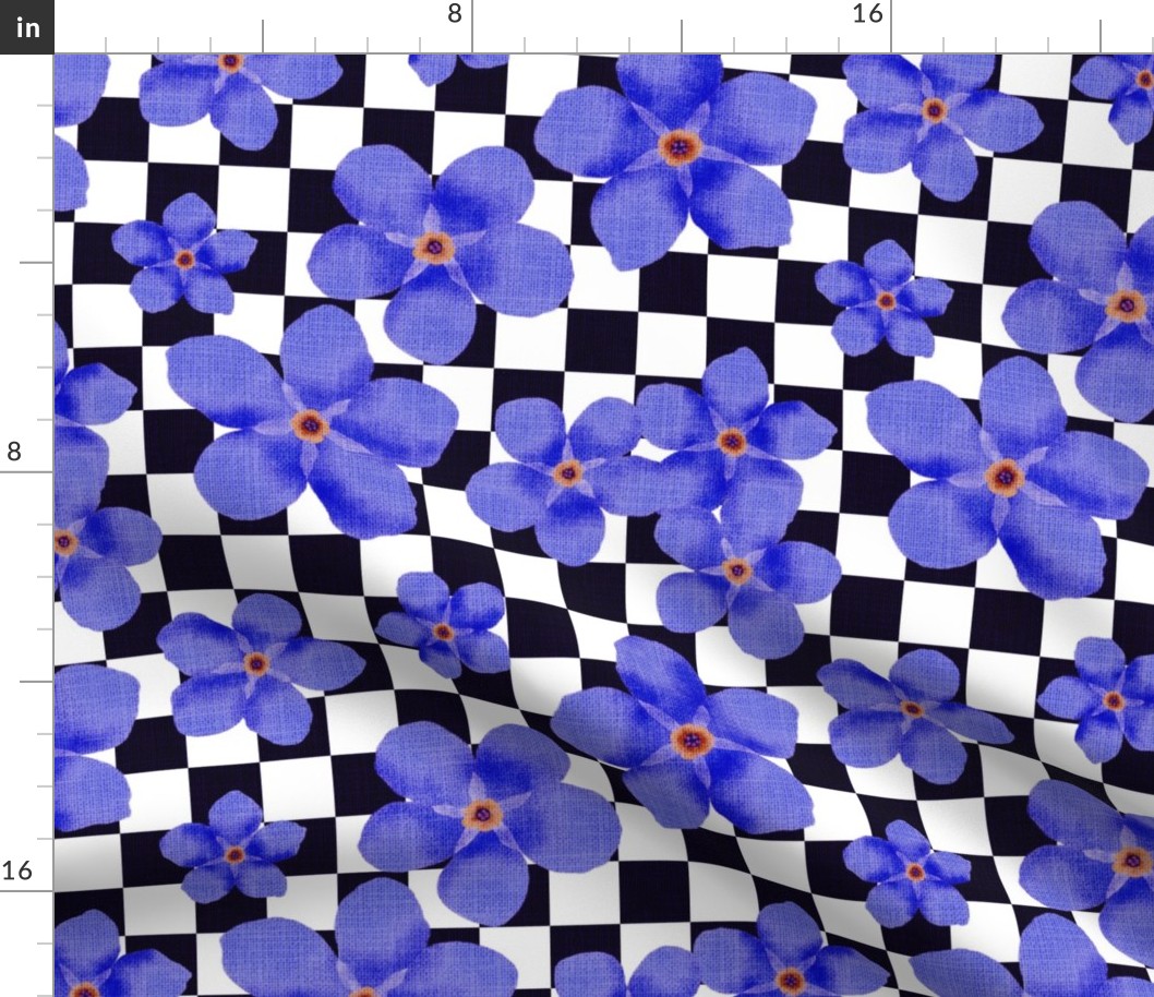 Big Deep Blue Forget-Me-Not Flowers on Aubergine and White Checkerboard 