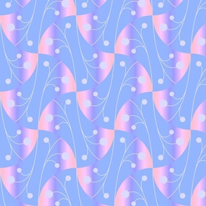 Seamless geometric pattern with gradient shapes and plant elements in acidic shades in a blue color palette. 