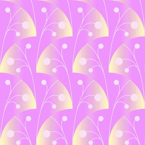 Seamless geometric pattern with gradient shapes and floral elements in acidic shades in a lilac color palette.