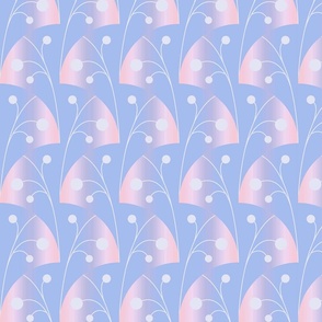 Seamless geometric pattern with gradient shapes and plant elements in acidic shades in a blue color palette. 