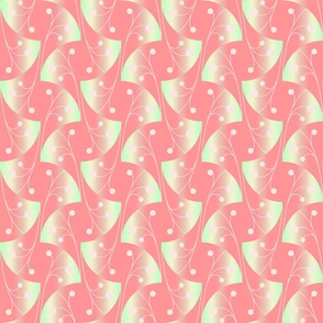 Seamless geometric pattern with gradient shapes and plant elements in acidic shades in a red color palette.