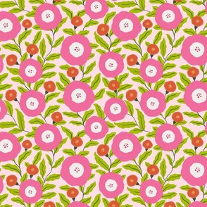 medium scale 11 inch repeat // Pink groovy retro florals and vines