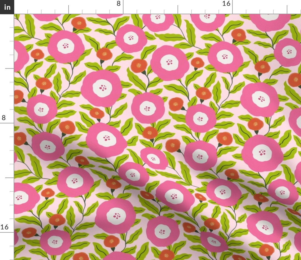 medium scale 11 inch repeat // Pink groovy retro florals and vines