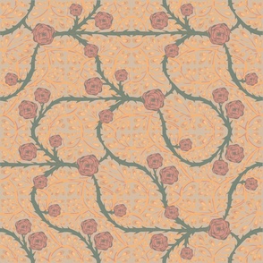 Seamless floral pattern with prickly roses and small leaves on an orange background. 