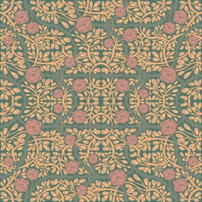 Seamless floral pattern with prickly roses and small leaves in a green and blue color palette