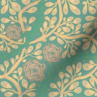 Seamless floral pattern with prickly roses and small leaves in a green and blue color palette