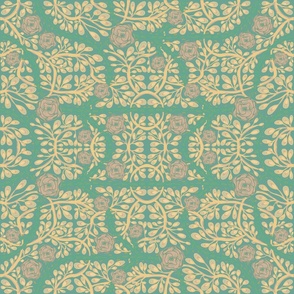 Seamless floral pattern with prickly roses and small leaves in a green and blue color palette