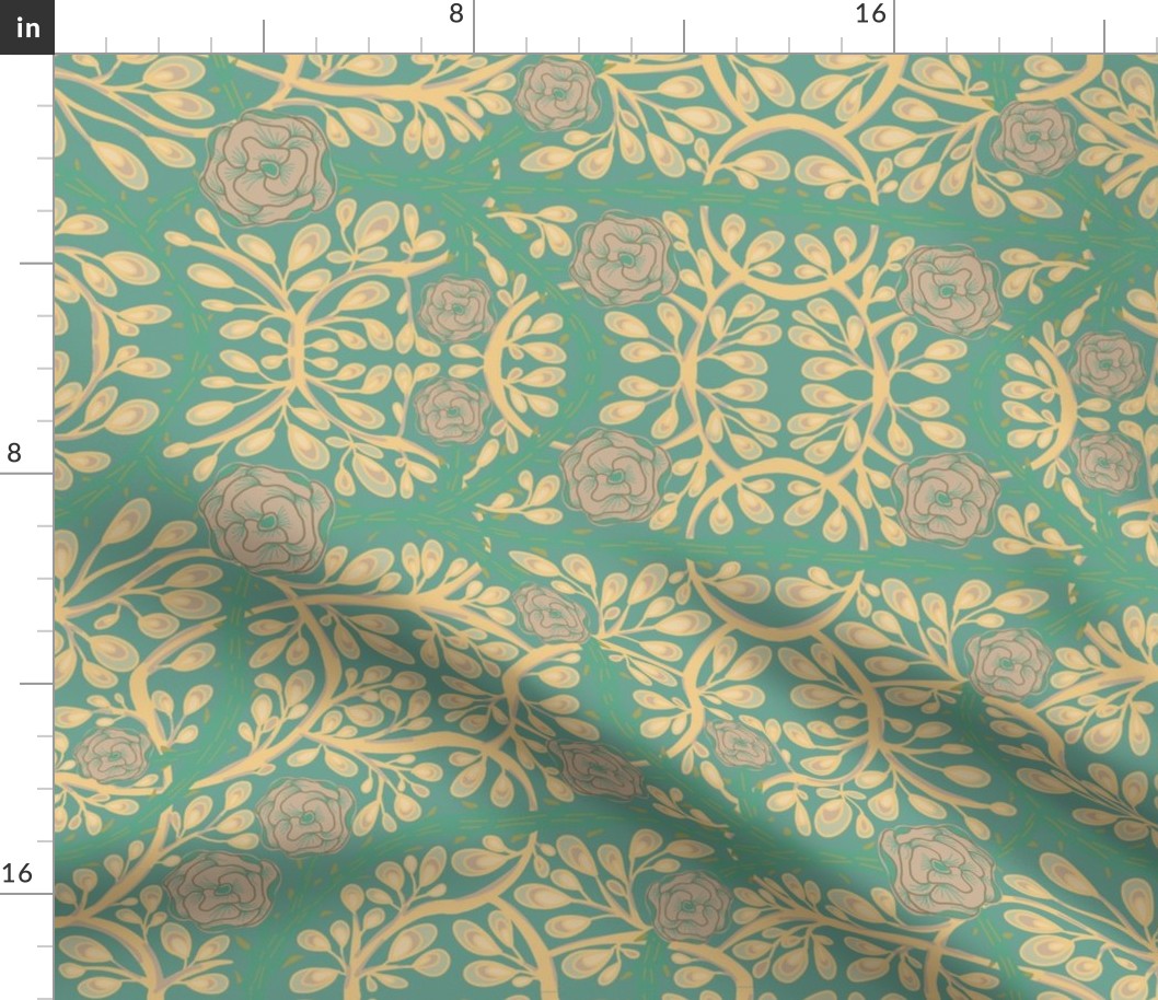Seamless floral pattern with prickly roses and small leaves in a green and blue color palette