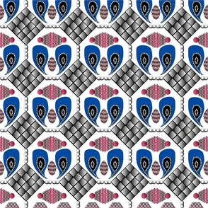  Seamless pattern with silver jewelry, pendants, paisley, jewelry on a white background in a red and blue