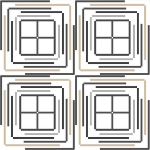 Seamless pattern with geometric stripes and windows on a white background.