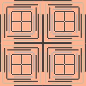 Seamless pattern with geometric stripes and windows on an orange background. 