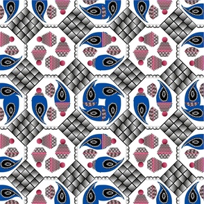  Seamless pattern with silver jewelry, pendants, paisley, jewelry on a white background in a red and blue