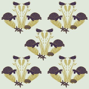 Lilac Turtles and Seagulls with white and golden Beach Plants and Shells | Big Version | hand drawn Geometrie Pattern of Beach Wildlife on Cream Fabric