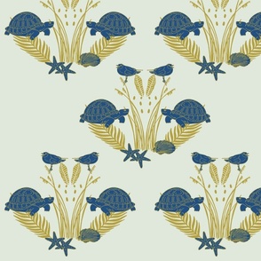 Blue  colored Turtles and Seagulls with golden Beach Plants and Shells | Big Version | hand drawn Pattern of Beach Wildlife on Cream Background