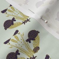 Lilac Turtles and Seagulls with white and golden Beach Plants and Shells | Small Version | hand drawn Geometrie Pattern of Beach Wildlife on Cream Background