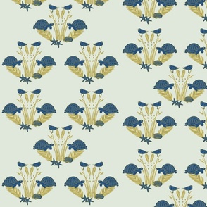Blue colored Turtles and Seagulls with golden Beach Plants and Shells | Medium Version | hand drawn Pattern of Beach Wildlife on Cream Background