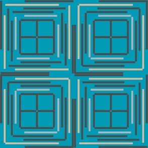 Seamless pattern with geometric stripes and windows on a blue background