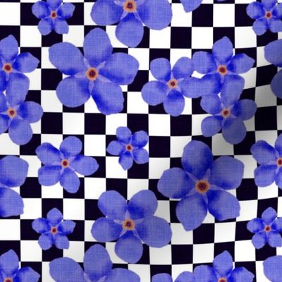 Small Deep Blue Forget-Me-Not Flowers on Aubergine and White Checkerboard 