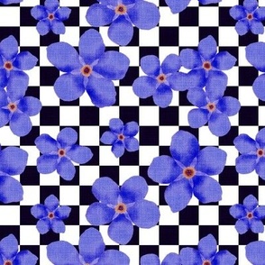 Small Deep Blue Forget-Me-Not Flowers on Aubergine and White Checkerboard 