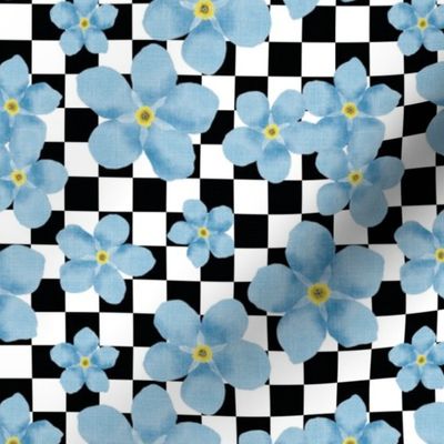 Small Light Blue Forget-Me-Not Flowers on Black and White Checkerboard 