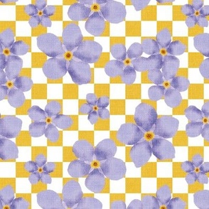 Small Lilac Forget-Me-Not Flowers on Yellow and White Checkerboard 