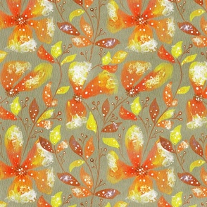  Seamless pattern with watercolor flowers on watercolor paper, hand drawn, in an orange and yellow color palette.