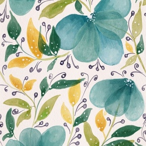 Seamless pattern with watercolor flowers on watercolor paper, hand drawn, in a blue-green color palette.