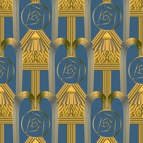 Seamless pattern with Art Deco elements and round roses in Glasgow style on a blue background.