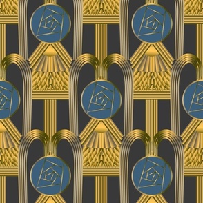 Seamless pattern with art deco elements and round roses in Glasgow style on a black background