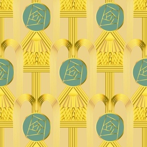 Seamless pattern with gold Art Deco elements and round roses in Glasgow style on a yellow background