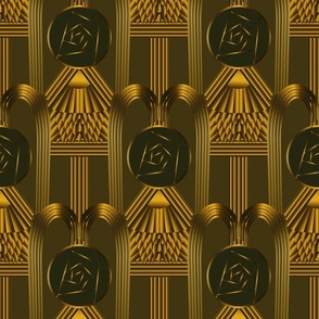 Seamless pattern with gold Art Deco elements and round roses in Glasgow style on a black background.