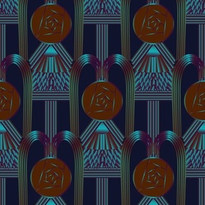 Seamless pattern with Art Deco elements and round roses in Glasgow style on a blue background.
