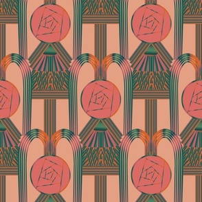 Seamless pattern with gold Art Deco elements and round roses in Glasgow style on a pink background