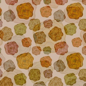 Seamless pattern with watercolor roses with translucent overlays, hand drawn, in a pastel color palette. 