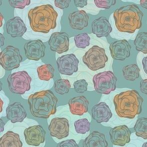 Seamless pattern with watercolor roses with translucent overlays, hand drawn, in a blue-green color palette.